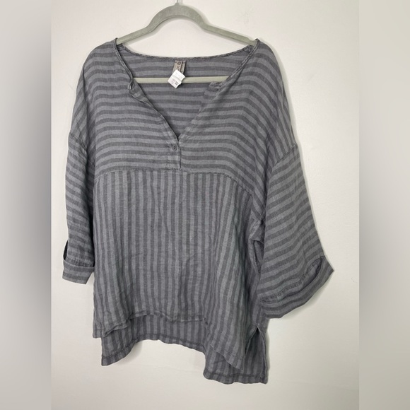 XCVI Gray 100% Linen Lagenlook Stripe V-Neck Boxy Loose Baggy Blouse L Comfort - Picture 2 of 9